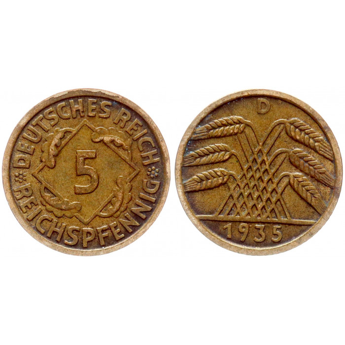Германия 5 Рейхспфеннигов 1935 D год KM# 39 Мюнхен Веймарская Республика (BOX1097)