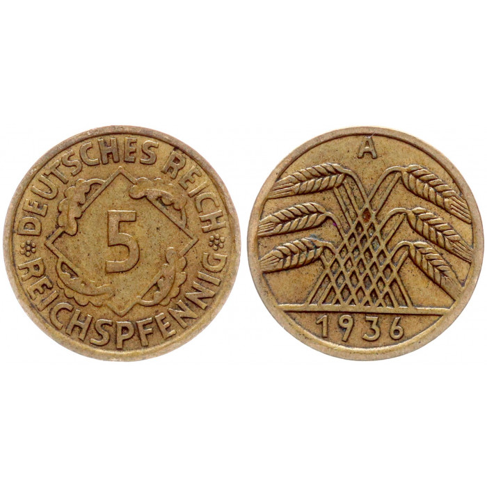 Германия 5 Рейхспфеннигов 1936 A год KM# 39 Берлин Веймарская Республика (BOX238)