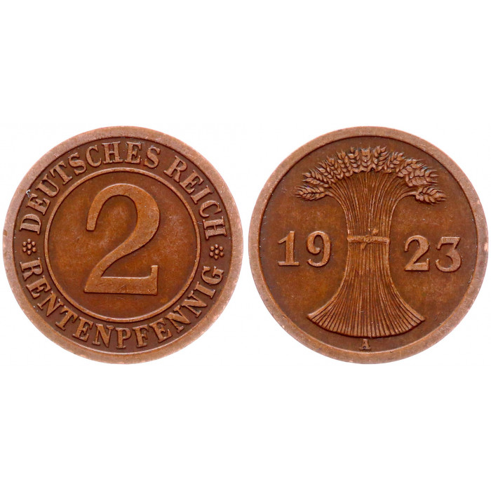 Германия 2 Рентенпфеннига 1923 A год KM# 31 Берлин Веймарская Республика (BOX653)