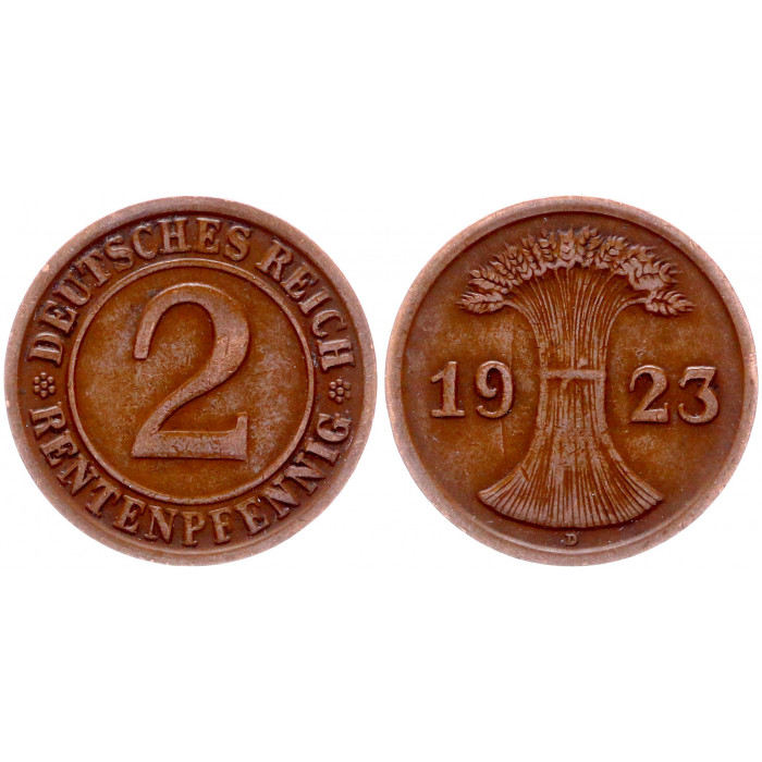 Германия 2 Рентенпфеннига 1923 D год KM# 31 Мюнхен Веймарская Республика (BOX)
