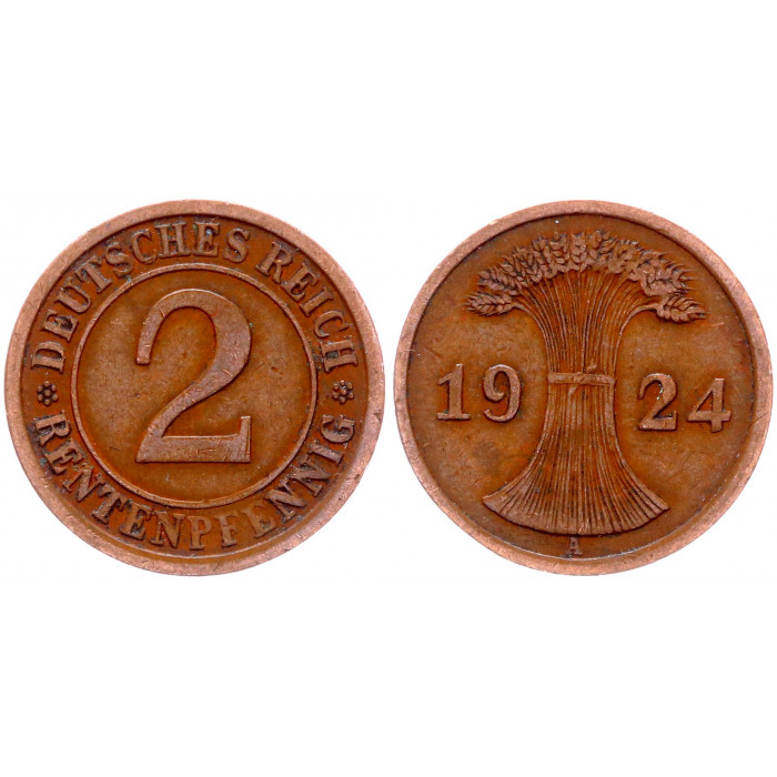 Германия 2 Рентенпфеннига 1924 A год KM# 31 Берлин Веймарская Республика (BOX1217)