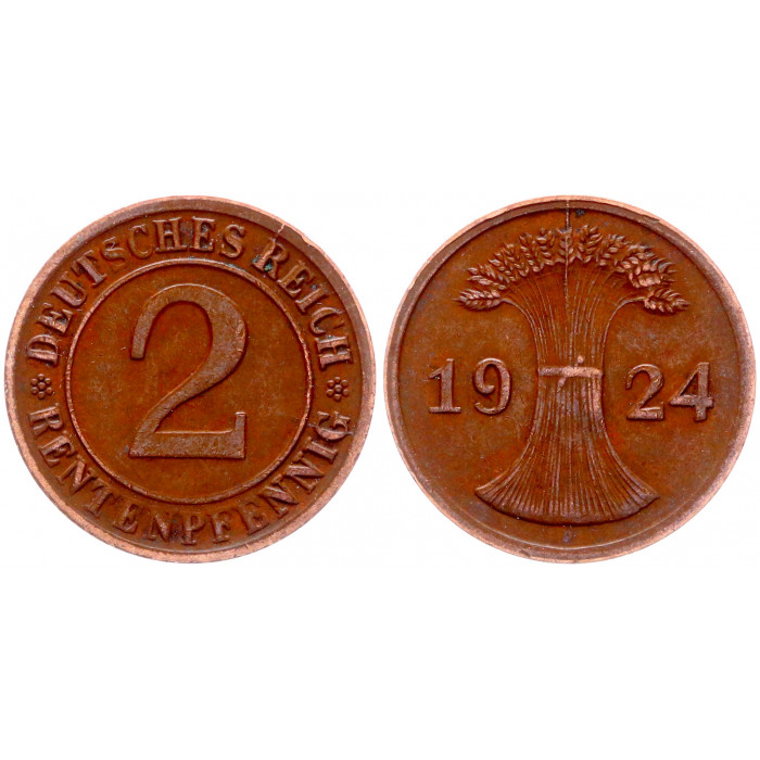 Германия 2 Рентенпфеннига 1924 D год KM# 31 Мюнхен Веймарская Республика (BOX1183)