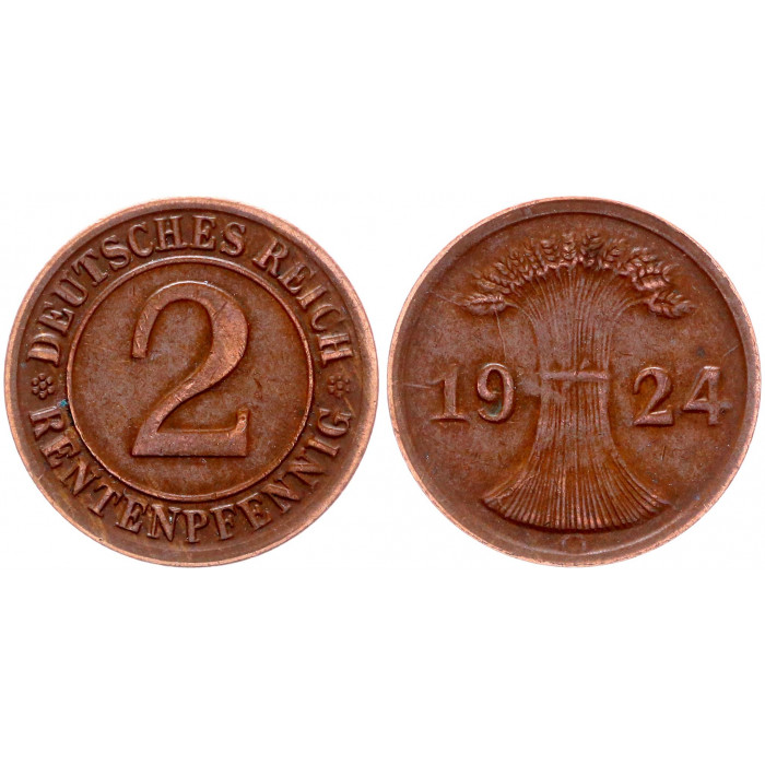 Германия 2 Рентенпфеннига 1924 G год KM# 31 Карлсруэ Веймарская Республика (BOX425)
