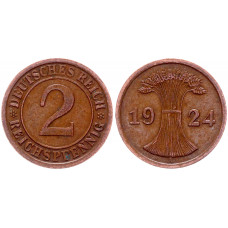 Германия 2 Рейхспфеннига 1924 A год KM# 38 Берлин Веймарская Республика (BOX1186)