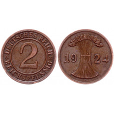 Германия 2 Рейхспфеннига 1924 F год KM# 38 Штутгарт Веймарская Республика (BOX1160)