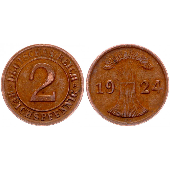 Германия 2 Рейхспфеннига 1924 G год KM# 38 Карлсруэ Веймарская Республика (BOX991)