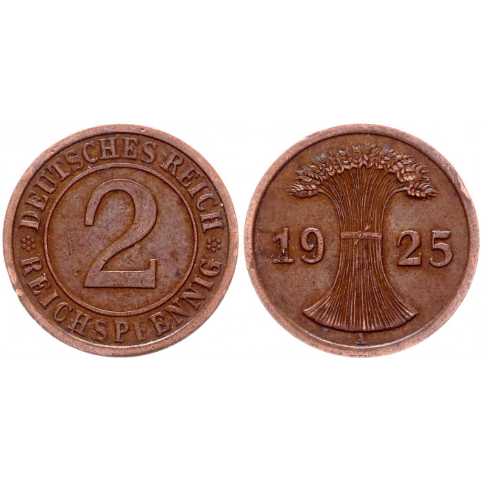 Германия 2 Рейхспфеннига 1925 A год KM# 38 Берлин Веймарская Республика (BOX1108)
