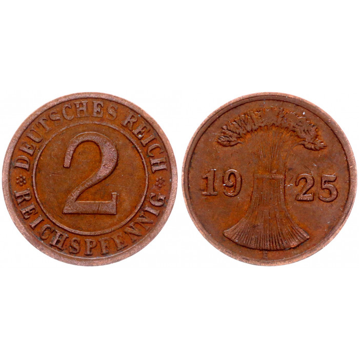 Германия 2 Рейхспфеннига 1925 E год KM# 38 Мюльденхуттен Веймарская Республика (BOX1016)