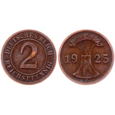 Германия 2 Рейхспфеннига 1925 F год KM# 38 Штутгарт Веймарская Республика (BOX1107)