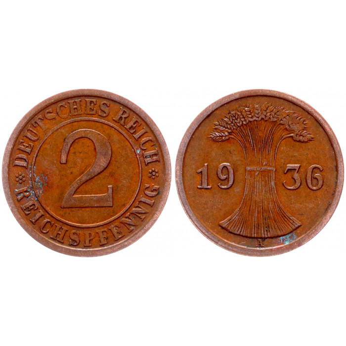 Германия 2 Рейхспфеннига 1936 A год KM# 38 Берлин Веймарская Республика (BOX1173)