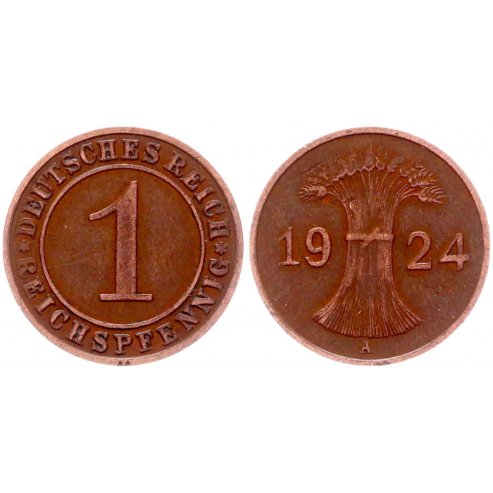 Германия 1 Рейхспфенниг 1924 A год KM# 37 Берлин Веймарская Республика (BOX708)