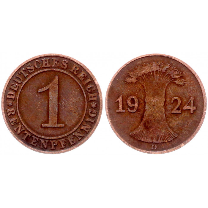 Германия 1 Рентенпфенниг 1924 D год KM# 30 Мюнхен Веймарская Республика (BOX1219)
