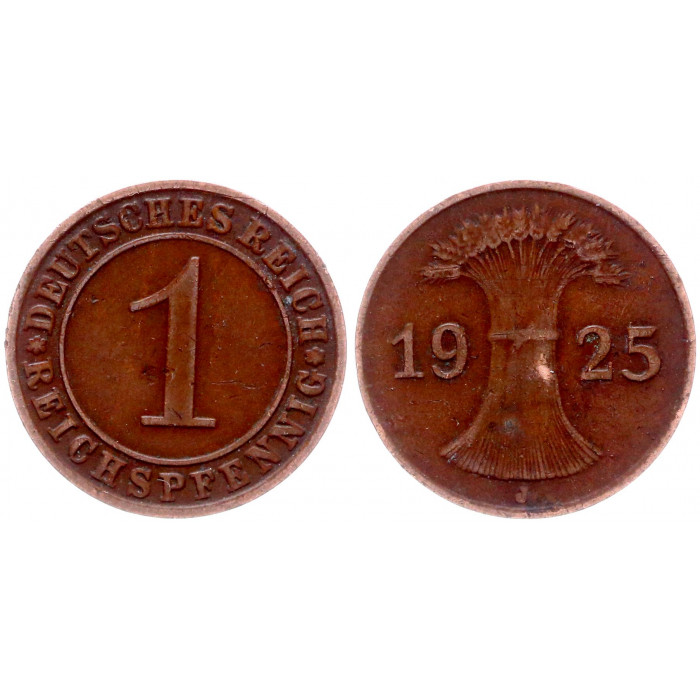 Германия 1 Рейхспфенниг 1925 J год KM# 37 Гамбург Веймарская Республика (BOX435)