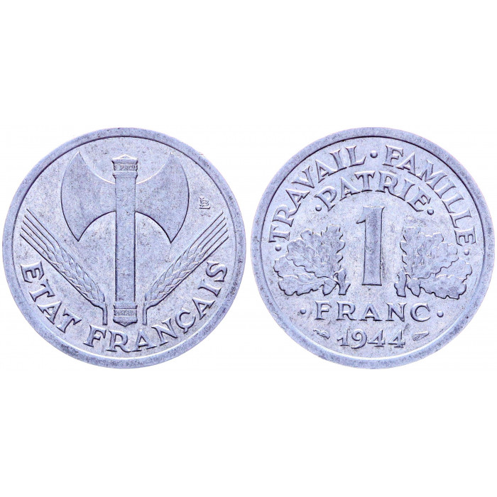 Франция 1 Франк 1944 год KM# 902.1 Для правительства Виши Двойной топор Франциск
