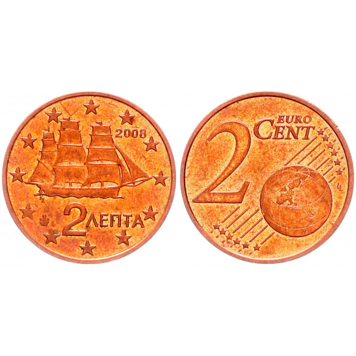 Греция 2 Евроцента 2008 год KM# 182 Корабль Парусник