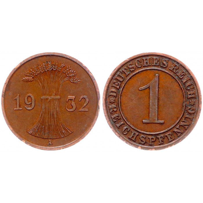 Германия 1 Рейхспфенниг 1932 A год KM# 37 Берлин Веймарская Республика (BOX565)