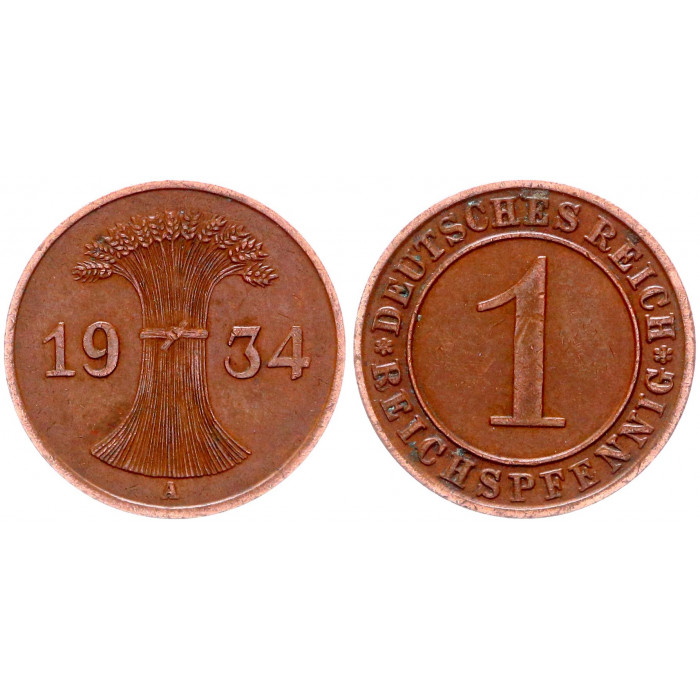 Германия 1 Рейхспфенниг 1934 A год KM# 37 Берлин Веймарская Республика (BOX676)