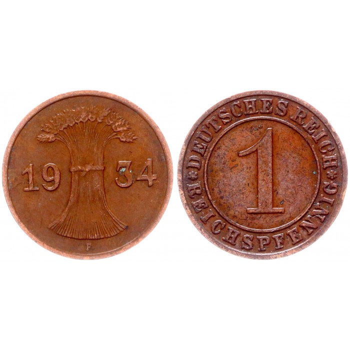 Германия 1 Рейхспфенниг 1934 E год KM# 37 Мюльденхуттен Веймарская Республика (BOX)