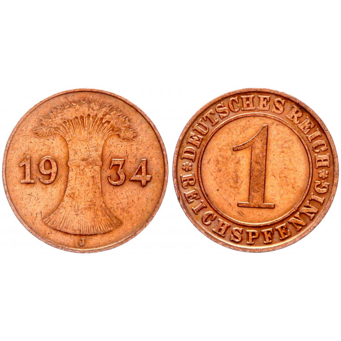 Германия 1 Рейхспфенниг 1934 J год KM# 37 Гамбург Веймарская Республика (BOX272)