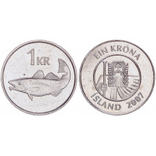 Исландия 1 Крона 2007 год KM# 27a Рыба Треска (BOX1085)
