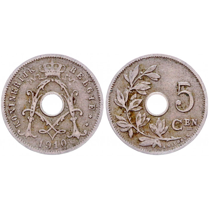 Бельгия 5 Сентим 1910 год КМ# 67 BELGIE