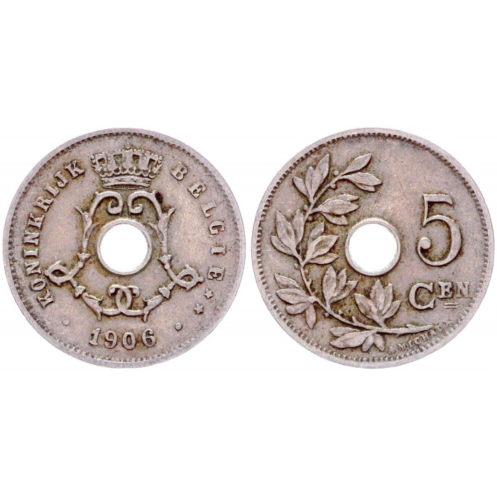 Бельгия 5 Сентим 1906 год КМ# 55 BELGIE
