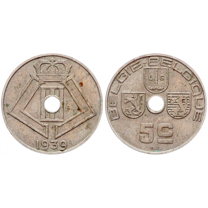 Бельгия 5 Сентим 1939 год КМ# 111 BELGIE BELGIQUE