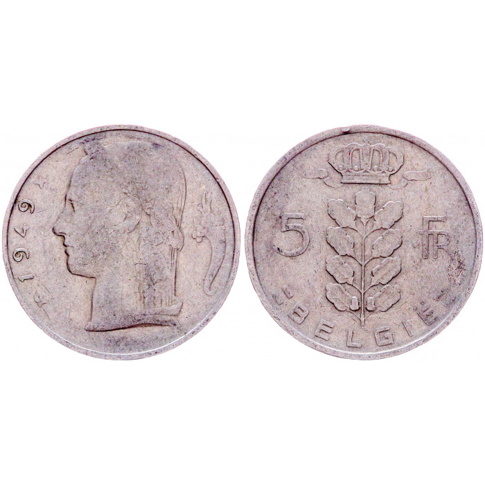 Бельгия 5 Франков 1949 год КМ# 135.1 Богиня Церера BELGIE Бодуэн I