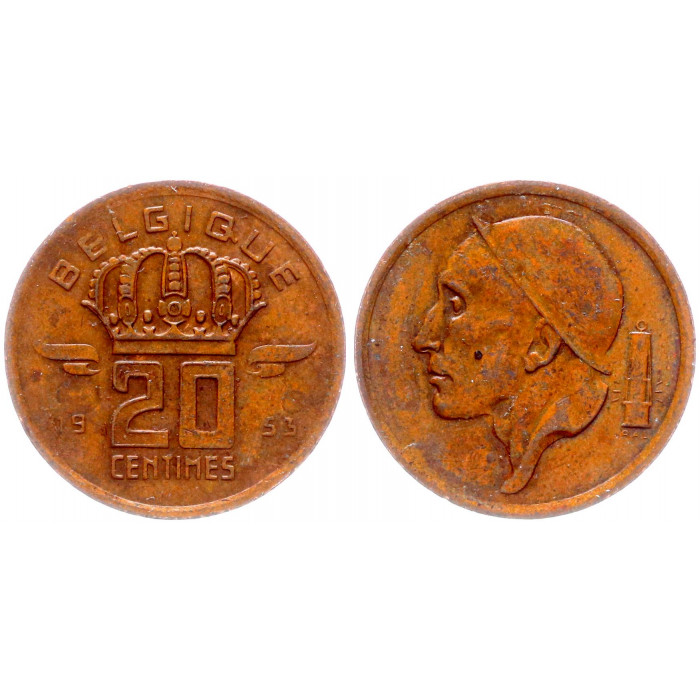 Бельгия 20 Сентим 1953 год КМ# 146 Шахтёр BELGIQUE Бодуэн I