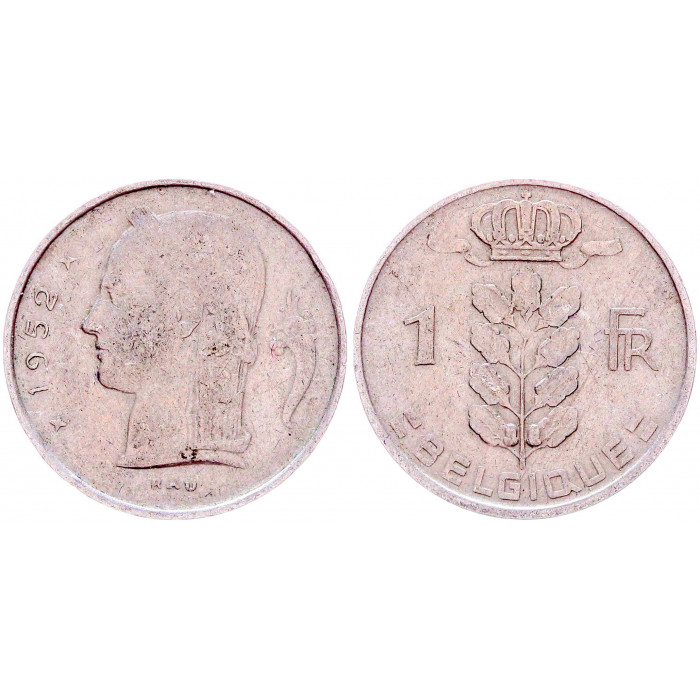 Бельгия 1 Франк 1952 год КМ# 142.1 Богиня Церера BELGIQUE Бодуэн I
