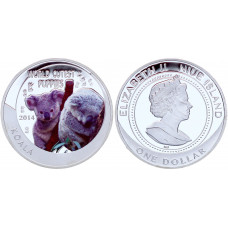 Ниуэ 1 Доллар 2014 год Милые детёныши - Коала Королева Елизавета II Серебрение Сувенирная цветная монета (BOX1232)