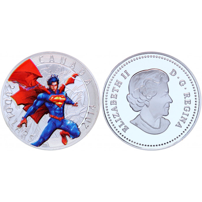 Канада 20 Долларов 2014 год Супермен Комиксы Супергерой Marvel Королева Елизавета II Серебрение Сувенирная цветная монета (BOX1246)