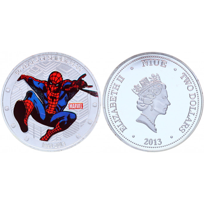 Ниуэ 2 Доллара 2013 год 50 лет персонажу "Человек-паук" Комиксы Супергерой Marvel Королева Елизавета II Серебрение Сувенирная цветная монета (BOX1247)