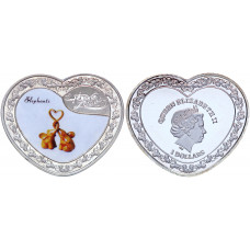 Океания 1 Доллар Сердце 2023 год Слоники - Вечная Любовь! Королева Елизавета II Серебрение Сувенирная цветная монета (BOX1263)