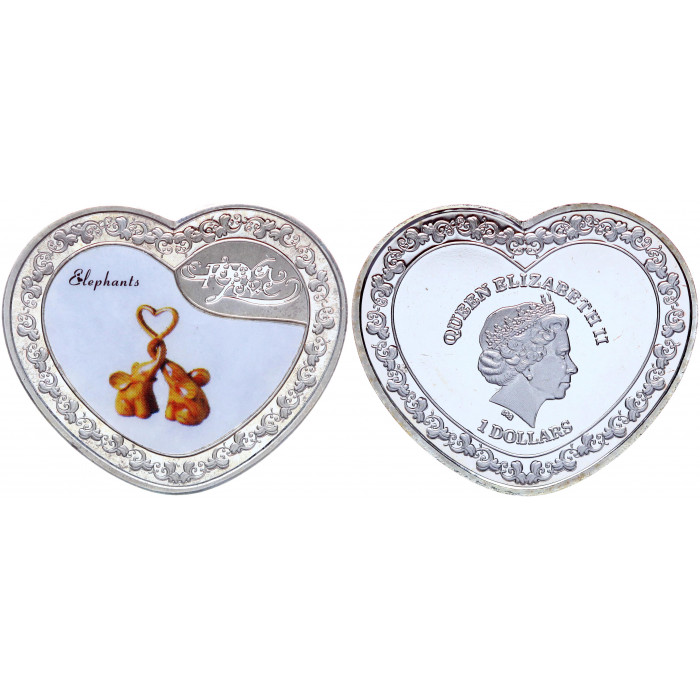 Океания 1 Доллар Сердце 2023 год Слоники - Вечная Любовь! Королева Елизавета II Серебрение Сувенирная цветная монета (BOX1263)