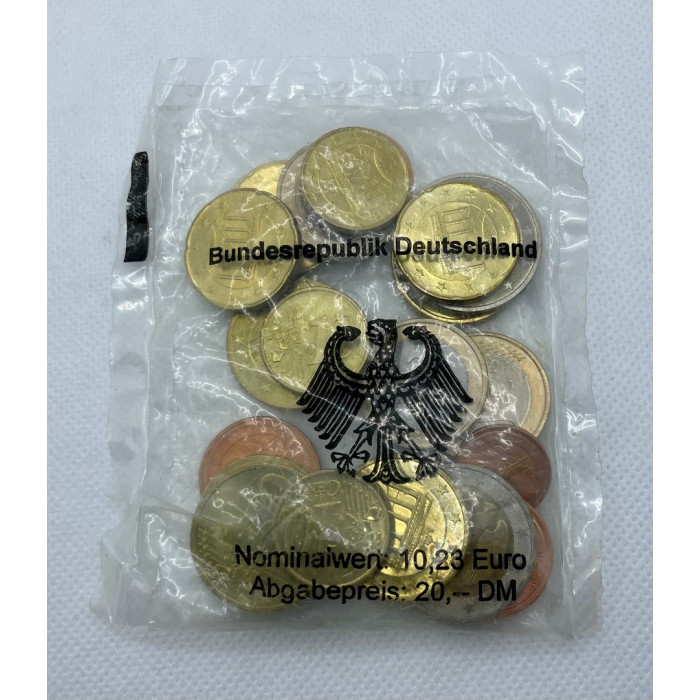 Германия ФРГ 1 2 5 10 20 50 Евроцентов 1 2 Евро 2002 год UNC Набор из 20 монет в банковском мешке