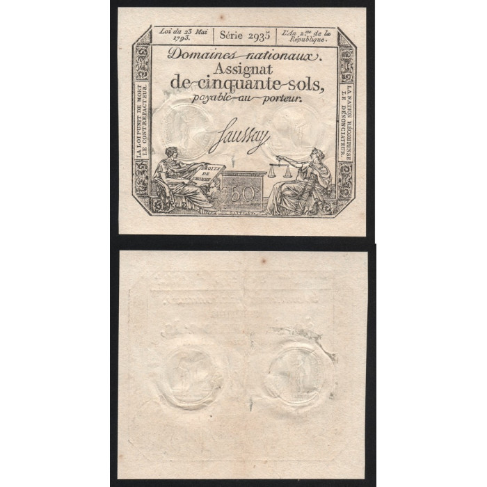 Франция 50 Солей 1793 год 23 Мая Серия 2935 Assignat Ассигнация UNC