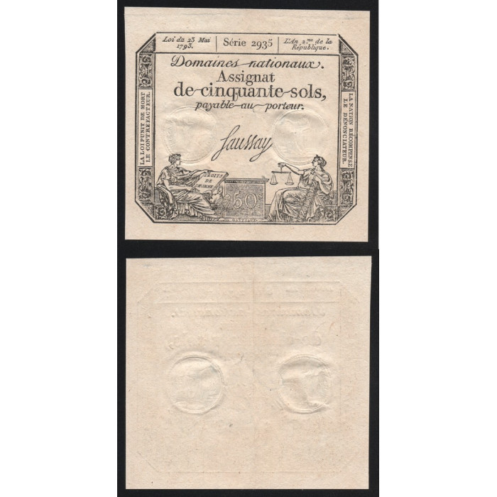 Франция 50 Солей 1793 год 23 Мая Серия 2935 Assignat Ассигнация UNC