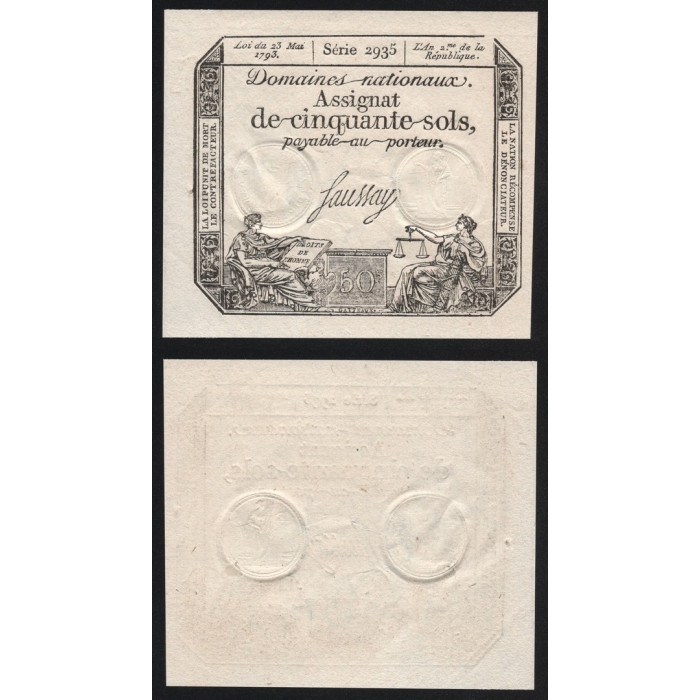Франция 50 Солей 1793 год 23 Мая Серия 2935 Assignat Ассигнация UNC