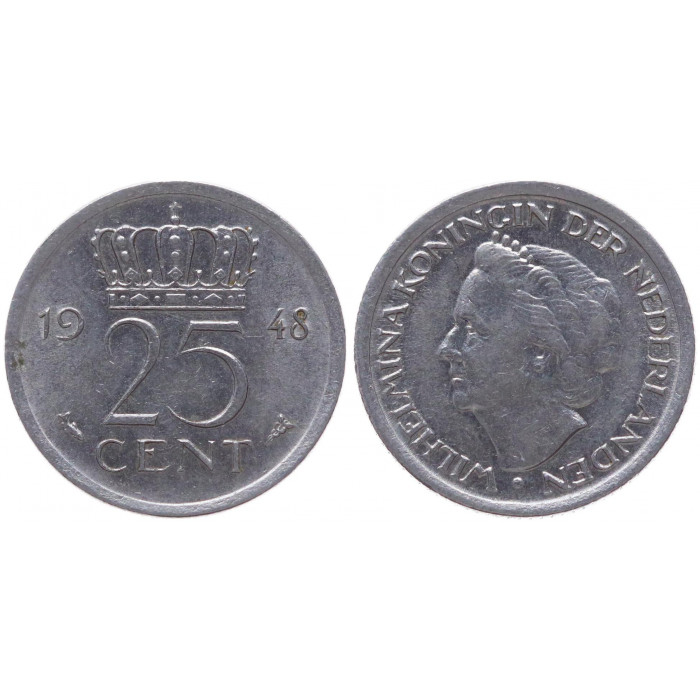 Нидерланды 25 Центов 1948 год KM# 178 Вильгельмина