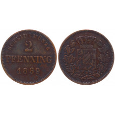 Германия Бавария 2 Пфеннига 1869 год КМ# 857 Людвиг II