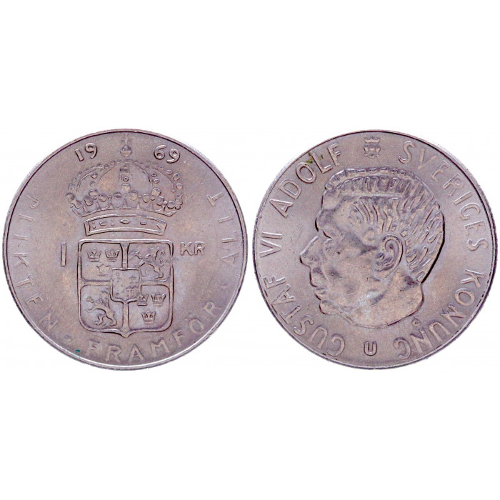 Швеция 1 Крона 1969 год XF КМ# 826а Густав VI