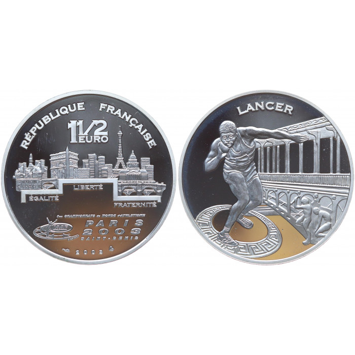 Франция 1-1/2 Евро 2003 год Серебро Proof KM# 1843 Толкание ядра Чемпионат мира по легкой атлетике 2003 в Париже