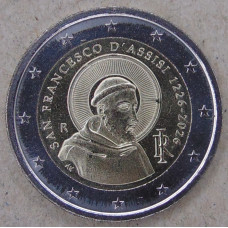 Италия 2 евро 2026 Святой Франциск Ассизский UNC