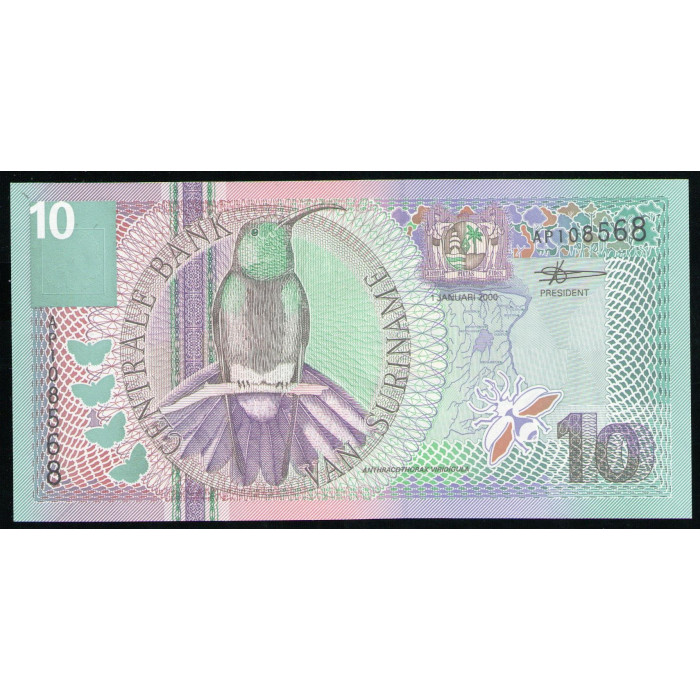 Суринам 10 Гульденов 2000 год , UNC, Птица Чернозобый манго , Здание Центрального банка , Парамарибо