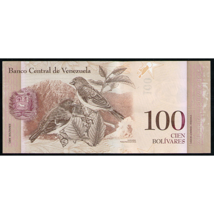 Венесуэла 100 Боливар 2012 год , AUNC, Симон Боливар , Красная птица Чиж , Национальный парк Эль Авила