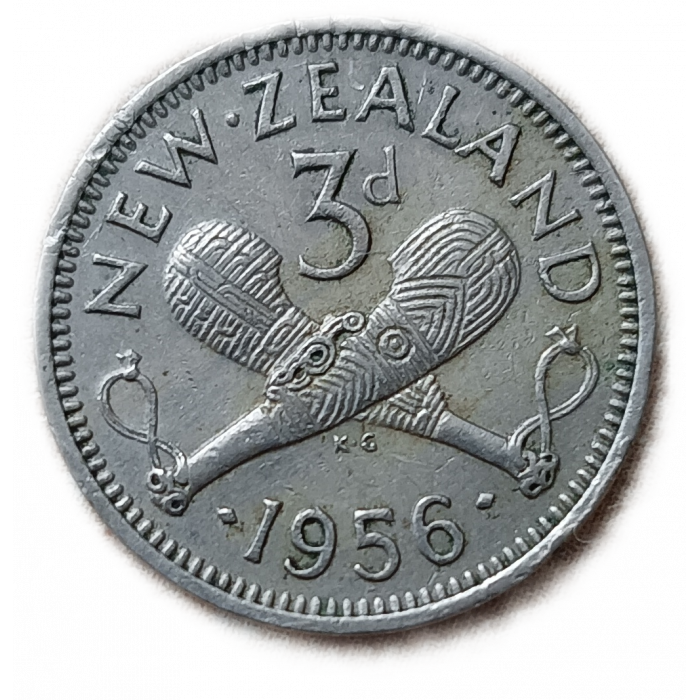 Новая Зеландия 3 Пенса 1956 год Перекрещенные пату Елизавета 2