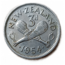Новая Зеландия 3 Пенса 1954 год , Перекрещенные пату , Елизавета 2