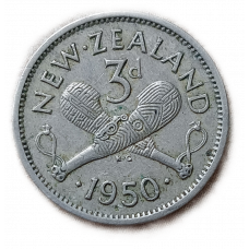 Новая Зеландия 3 Пенса 1950 год , Перекрещенные пату , Георг 6