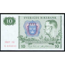 Швеция 10 Крон 1987 год , UNC , Король Густав Адольф 6 , Северное сияние